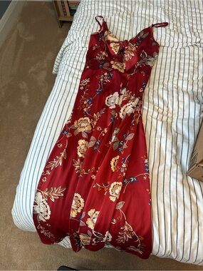 Amazon Red Floral Midi Slip Dress with Adjustable Straps
